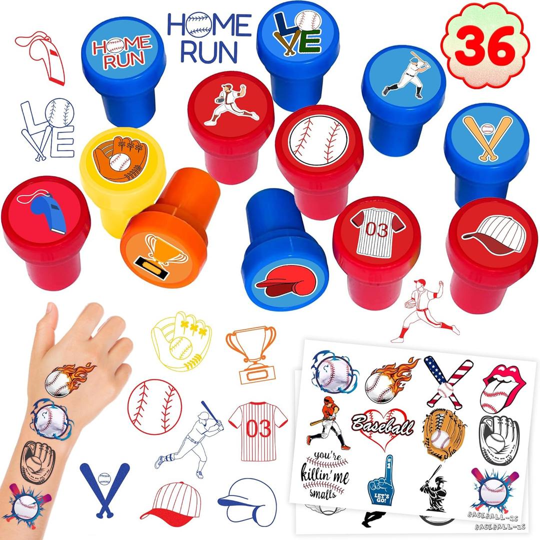 36PCS Baseball Party Favors - 24PCS Temporary Tattoos & 12PCS Stamps - Ideal Sport Ballgame Themed Birthday Card Decorations Supplies Goodie Bag Cute Rewards for Boys Girls Classroom Gifts Baby Shower