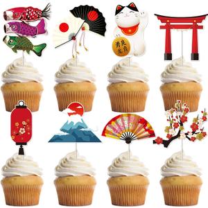 Hibachi Birthday Party Decorations - 40 Pcs Japanese Style Cupcake Toppers Set Cake Cupcakes Dessert Decor with Koinobori Plum Folding Fans Lanterns Asian Themed Supplies Favors for Girls