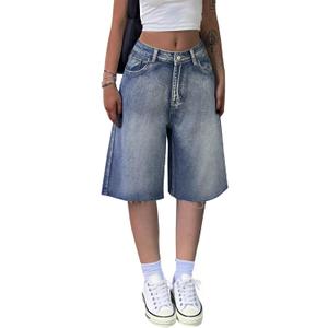 LovelyWholesale Baggy Jorts Bermuda Shorts for Women Knee Length Low Rise Denim Jean Shorts Blue X-Large (XL)