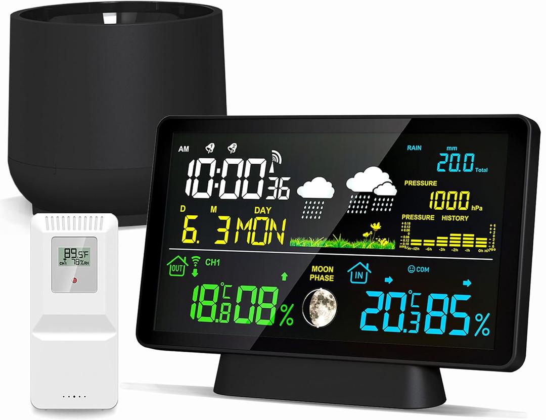 Wireless Rain Gauge and Weather Station, Digital Rain Gauge Outdoor Home Weather Stations with Thermometer, Hygrometer, Atomic Clock, Forecast and Barometer, Weather Station with Rain Gauges