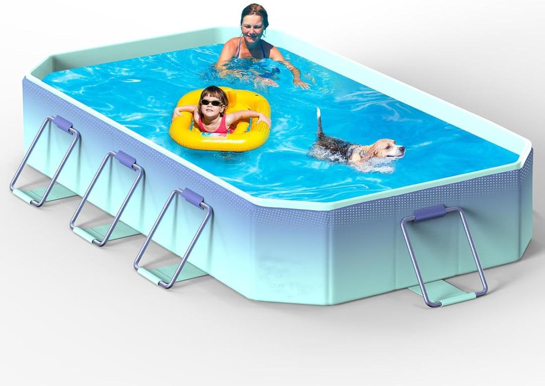 Foldable Kiddie Pool 113" x 65" x 19" Reinforced Sidewalls for Stability Non-Inflatable Collapsible Large Pool Dog Bathtub Portable Indoor Outdoor Glacial Blue Framed Swimming Pools