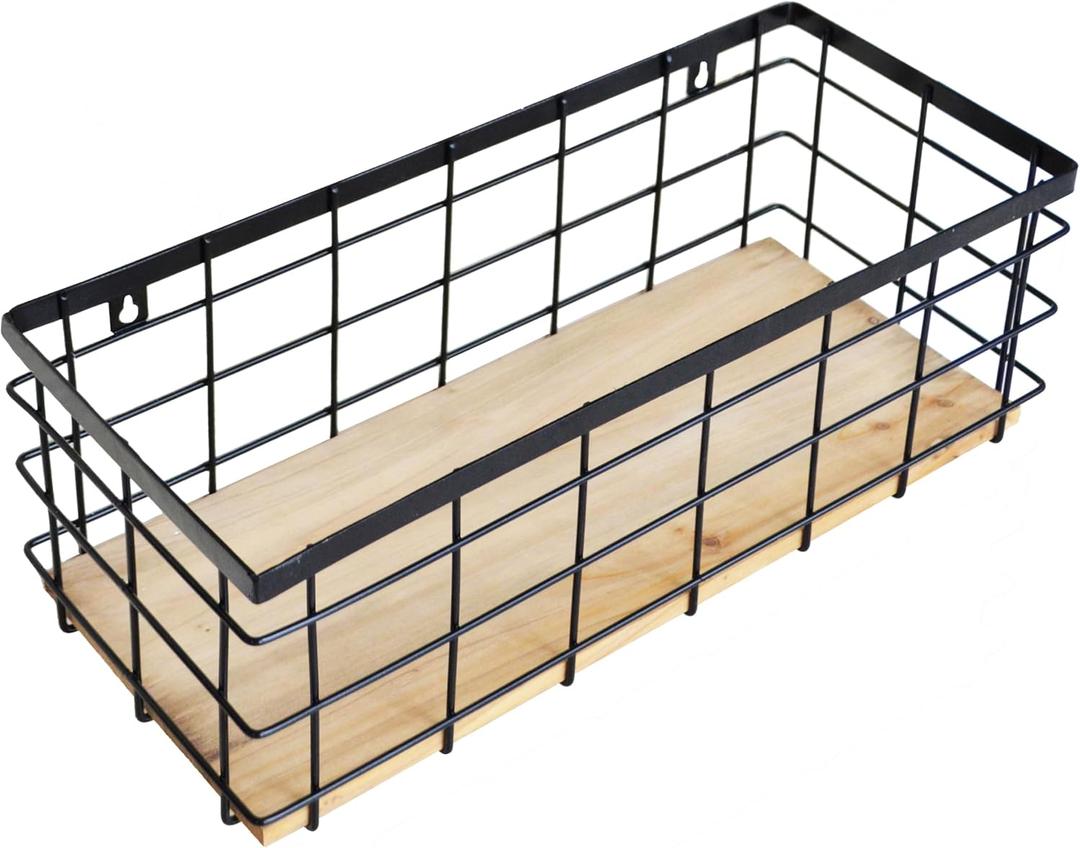 Metal Wire Basket Detachable Wood Base Storage Organizer Farmhouse Bin for Kitchen Cabinets, Bathroom, Pantry, Laundry Room, Closets1 Pack in Black Color,Size Big
