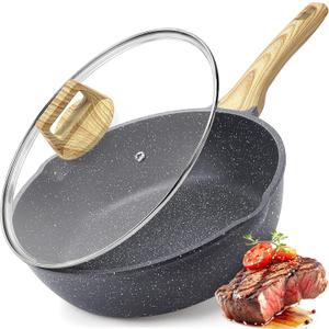 GiPP Nonstick Deep Frying Pan - 11 Inch Saute Pan with Lid Granite Induction Cookware, 4.5Qt Non Stick Woking Pan Skillet, PFOA PFOS APEO Free, Grey 