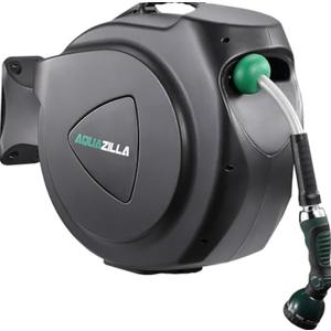 Retractable Garden Hose Reel, 100Ft x 5/8" Durable Wall Mounted Water Hose Reel with 180° Swivel Bracket, 9 Pattern Sprayer, 6Ft leader hose,Smooth Automatic Rewind, Any Length Lock.