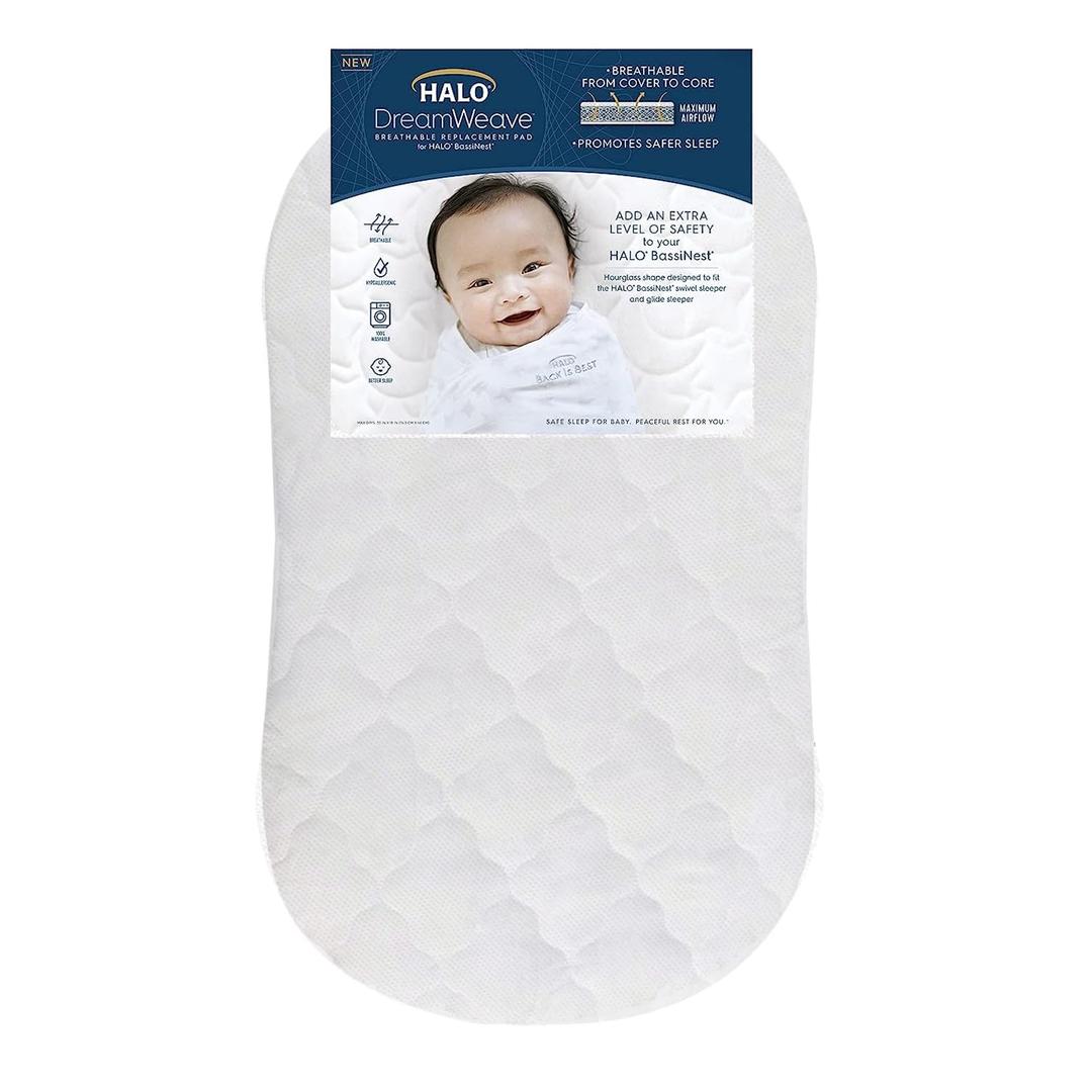 HALO DreamWeave Breathable Mesh BassiNest Mattress Replacement Pad  100% Machine Washable Cover  Hypoallergenic, Non-Toxic Materials  30 x 18 x 1.3
