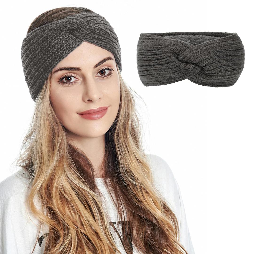 Women's Winter Warm Headband Fuzzy Fleece Lined Thick Knitted Ear Muffs Fashion Criss Cross Knotted Ear Warmers Grey