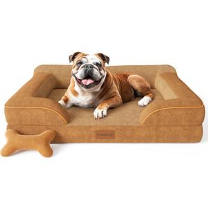 Dog Beds for Large Dogs, Orthopedic Dog Bed with Cooling Gel Memory Foam, Waterproof Large Pet Bed with Removable Washable Cover, 36" Pet Sofa Couch Dutch Velvet with Bone Toy, Brown