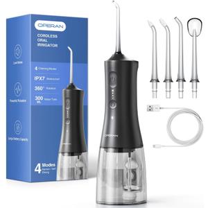 Operan 300ml Cordless Water Dental Flosser, Portable Water Flossers for Teeth, 4 Pulse Modes IPX7 Waterproof Oral Irrigator with 4 Tips, 21 Days Runtime for Travel, Home, Braces, Gum Care, Black+1Pack