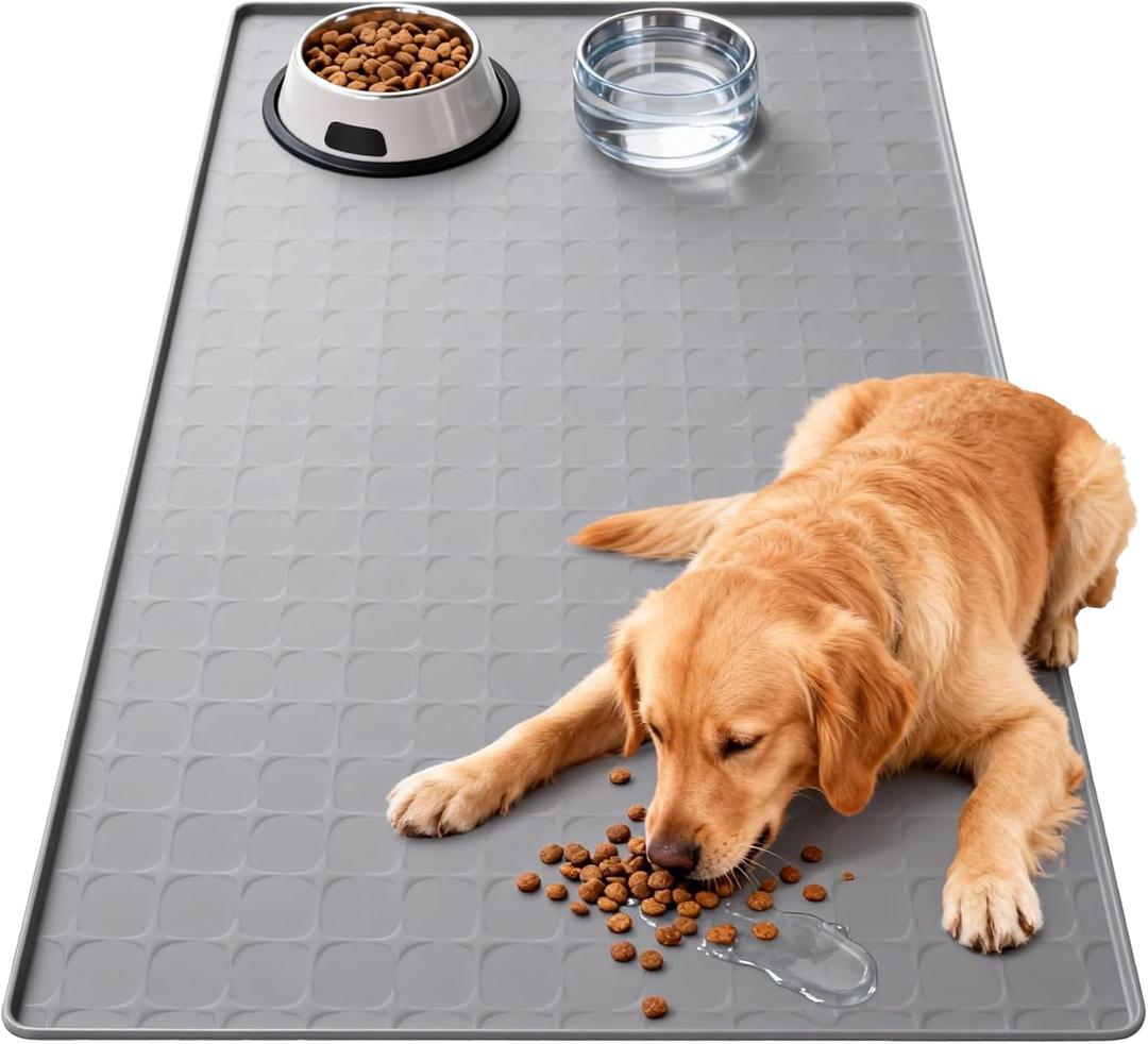 Extra Large 34x22 Inch Machine Washable Silicone Pet Food Mat - Waterproof Dog & Cat Bowl Mat with Raised Edge, Non-Slip Floor Protector for Large Dogs, Multi-Pet Homes (Grey)