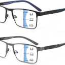 2 Pack Multifocal Progressive Reading Glasses Men, Blue Light Multifocus Bifocal Readers for Mid and Near Range (Black & Gunmetal)