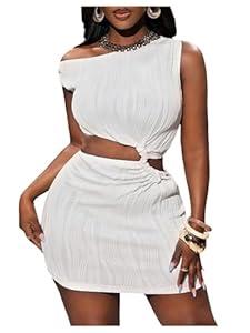 SOLY HUX Women's Summer Dresses Textured Cutout Sleeveless Bodycon Party Mini Dress Solid White Small