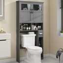 Over The Toilet Storage Cabinet With Double Doors & Paper Holder Stand, Freestanding Shelf Space Saver, Anti-Tip Design & Adjustable Shelf, Natural Grey (W33.03'')