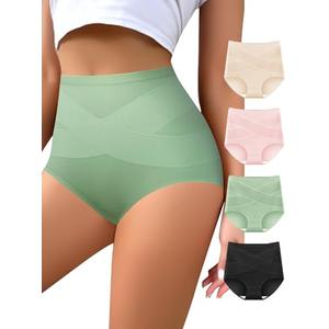 QUASTI Women's High Waisted Underwear Tummy Control Cotton Postpartum Panties Full Coverage Briefs 4 Pack(M) Multicolor