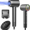 Hair Dryer, 160000 RPM Professional High Speed Ionic Blow Dryer, 500 Million Negative Ions & Heat-Control & Low Noise Hairdryer with Magnetic Diffuser for Fast Drying All Hair Types, No Heat Damage (Silver Black)
