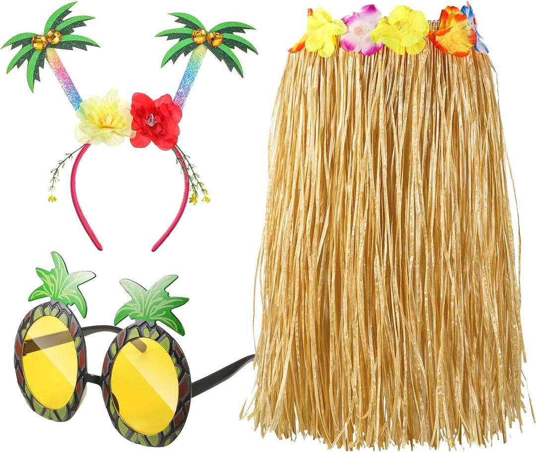 Janmercy 3 Pcs Hawaiian Luau Party Outfits Set Tropical Grass Hula Skirt Headbands Glitter Sunglasses for Women Beach