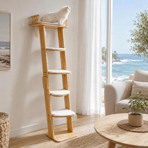 Solid Wood Leaning Cat Climbing Ladder, 70" Tall 6-Level Tree Tower