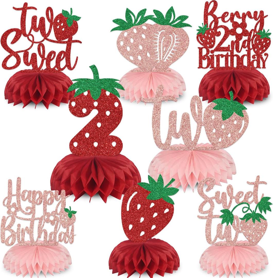 8PCS Berry 2nd Birthday Honeycomb Centerpieces Two Sweet Birthday Decorations Strawberry 2nd Birthday Decorations for Girl