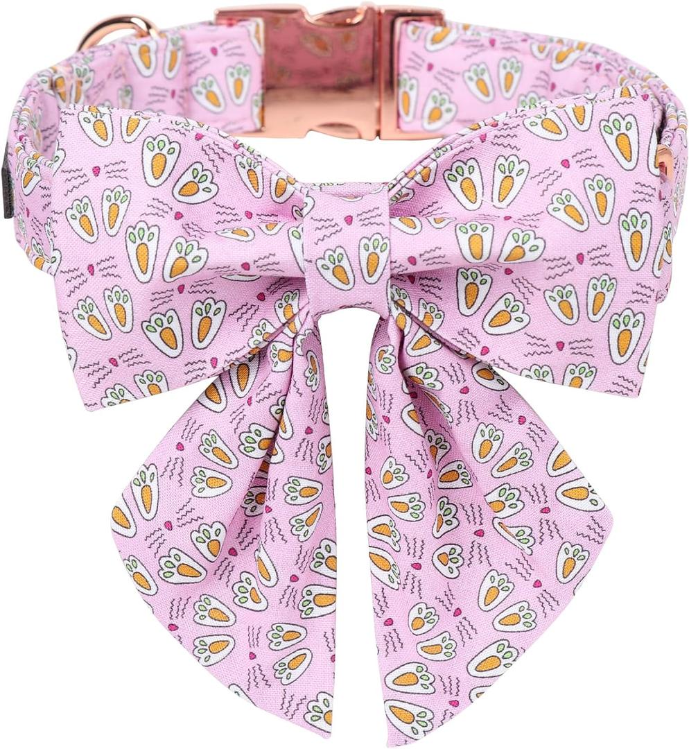 Maca Bates Rabbit Foot Dog Collar with Sailor Bow Tie for Large Girl Boy Dogs, Pink Bunny Pattern,Adjustable Durable Soft Breakaway Collars Easter Day Gift for Male Female Puppy