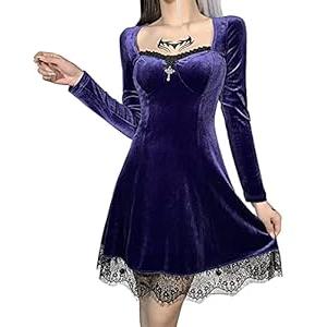 TSMNZMU Gothic Lolita Dress Velvet Long Sleeve Vintage Vampire Dresses Punk Grunge Witchy Dress Emo Alt Fairy Dress (Small, Purple)