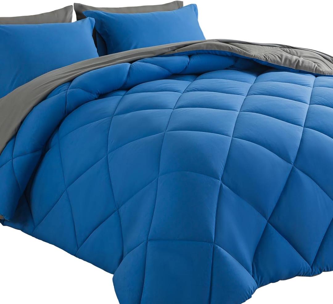 Cosybay Bed in a Bag King Comforter Sets 7pcs All Season Solid Down Alternative Bedding Sets Blue and Grey with Comforter, Pillow Shams, Flat Sheet, Fitted Sheet and Pillowcases