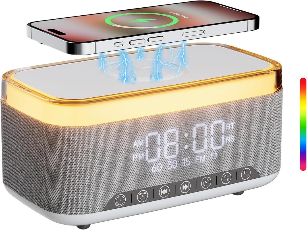 Bluetooth Speaker Alarm Clock with 10w Fast Wireless Charger for iPhone Samsung, 10W Stereo Bluetooth Speaker, 12-Color Night Light, White Noise Machine Digital Clock with FM Radio for Bedroom