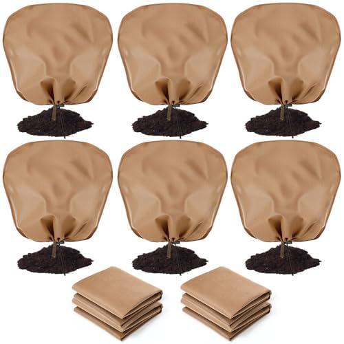 Wesnoy 6 Pcs Winter Plant Covers Freeze Protection Reusable Plant Protector Bag with Drawstring Warm Shrubs Cover Frost Protection Planting Jacket Bags for Outdoor Garden, Brown (39.4 x 39.4 Inch)