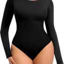 FeelinGirl Tummy Control Bodysuit for Women Long Sleeve Shapewear Thong Body Suit (Medium-Large, Black)