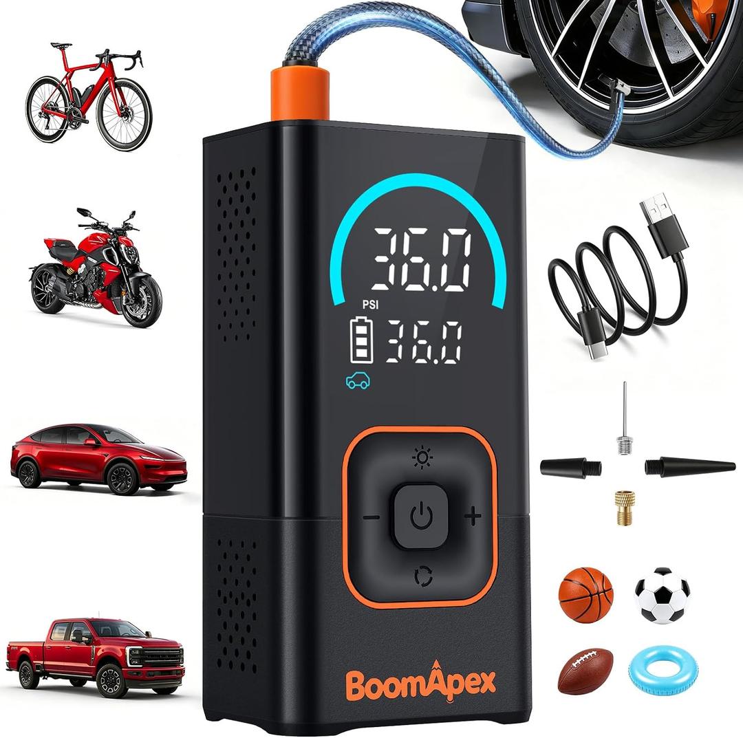 Tire Inflator Portable Air Compressor - Bike Pump with 2.88" Color Display, Real-Time Inflation Progress Bar, Air Pump with 0-150PSI Pressure Gauge, Memory Function & LED Light, Black Bike Accessories