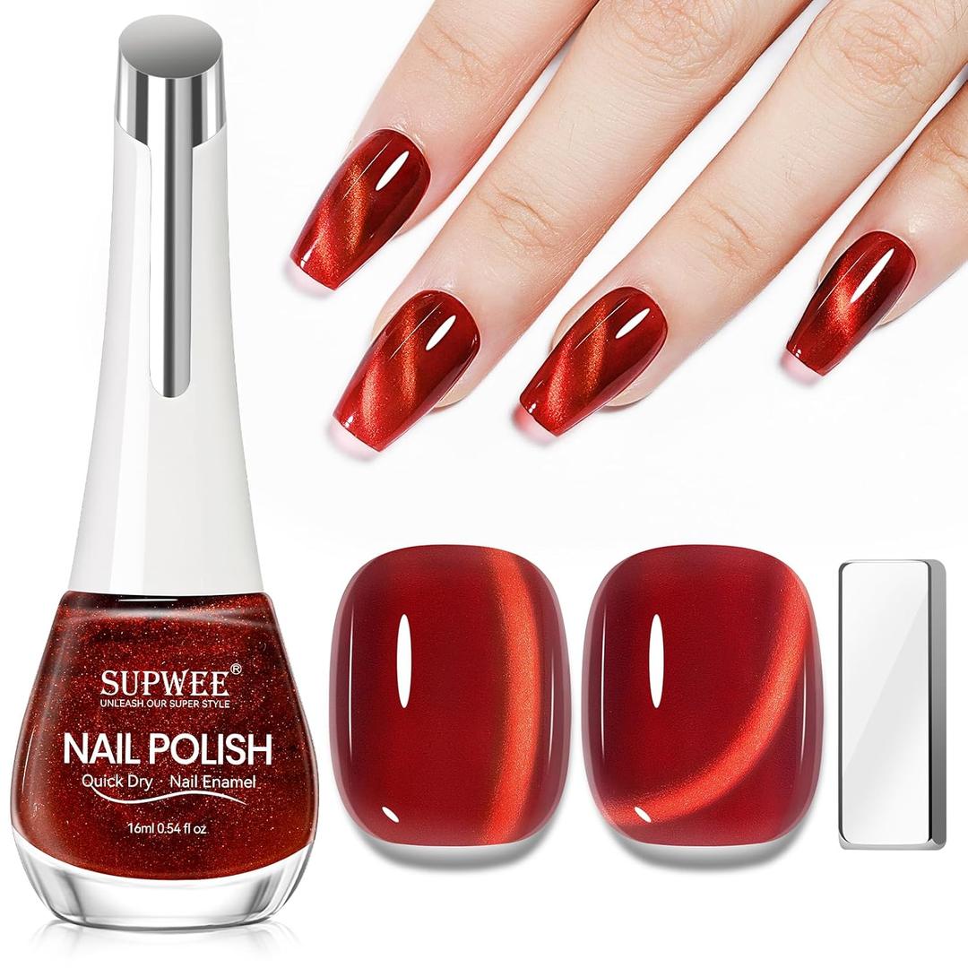 Red Quick Dry Cat Eye Nail Polish Non Gel, Magnetic Nail Polish with Magnet Cateye Fingernail Lacquer Air Fast Drying Manicure Gift For Women Girls 16ml/0.54 oz