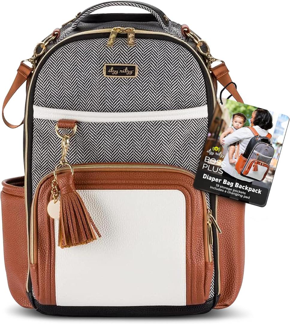 Itzy Ritzy Diaper Bag Backpack Large Capacity Boss Plus Baby Backpack Diaper Bag Featuring 19 Pockets, Changing Pad, Stroller Clips, and Comfortable Straps (Coffee & Cream)