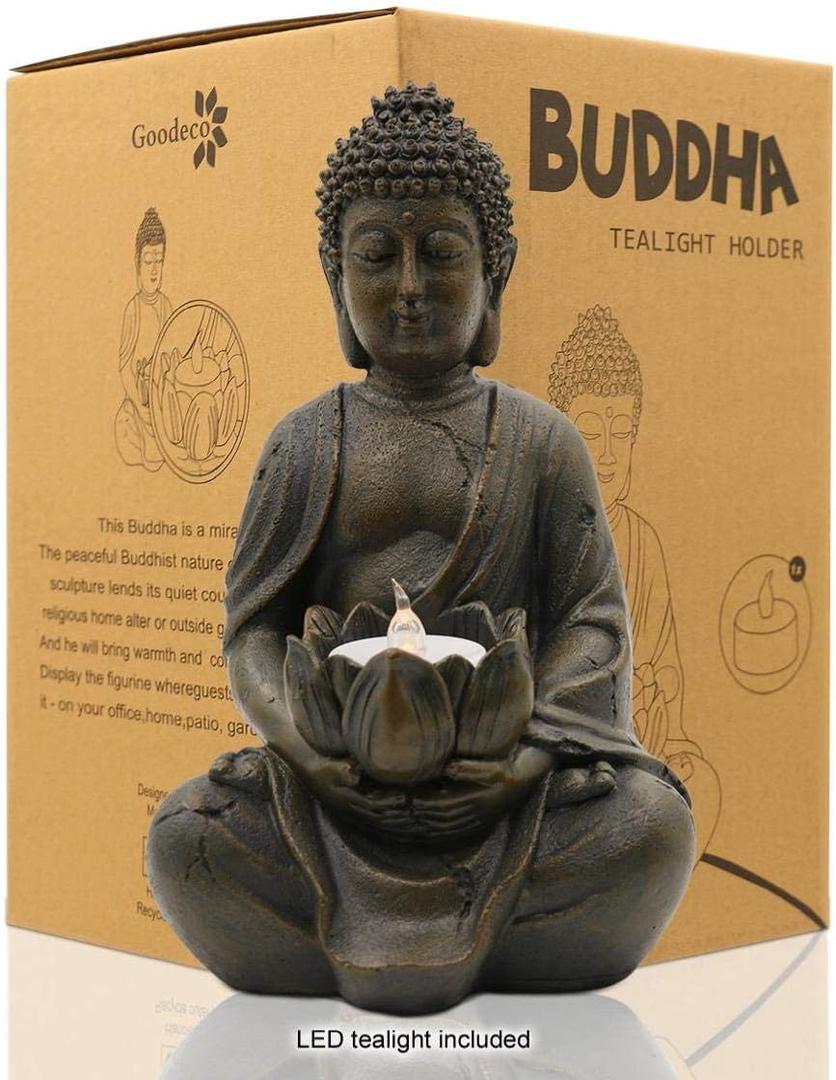 Goodeco Meditation Small Buddha Statue Figurine -Buddha with LED Tea Lights Candle Holder,Gift idea,Zen Home Decor Meditation Accessories 8" (1 pack, Brown)