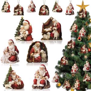 24 Pcs Wooden Santa Ornaments - 6 Styles Nativity of Christ Ornaments for Christmas Tree - 4 x 3.5 Inch Santa with Baby Jesus Hanging Decoration for Home Winter Party