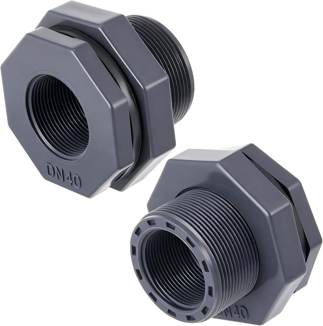 2 Pcs 1-1/2 Inch Bulkhead Fitting PVC Water Tank Connector Plumbing Pipe Threaded Bulkhead Fitting NPT for Rain Barrels, Water Tanks, Aquariums, Tubs, Pools