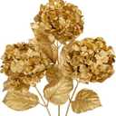 Hollyone 3Pcs Christmas Flowers Gold Artificial Hydrangea Flowers 26.8inch Fake Hydrangea Flower Floral Arrangements Bouquets Xmas Faux Hydrangea Stems Wedding Party Centerpieces Christmas Home Decor