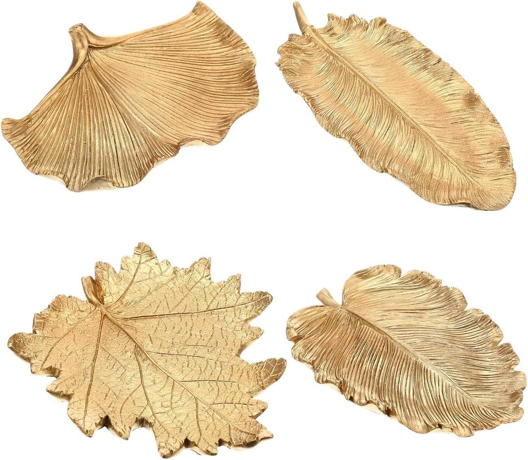 4 Pcs Gold Jewelry Dish Small Jewelry Tray Leaf Shaped Trinket Dish Decorative Ring Holder for Christmas Birthday Wedding Party Gifts Decoration