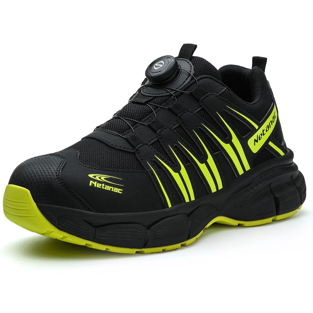 Steel Toe Shoes for Men Women, Breathable Safety Work Footwear with Durable Soft Sole, Comfort Puncture-Resistant Sneakers for Industrial, Black Green - 9.5 Wide Women/8 Wide Men