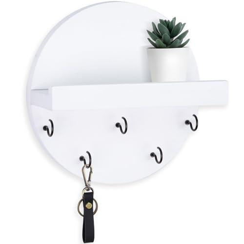 Lwenki Key Holder for Wall – Decorative Key Hook Shelf for Entryway Decor – 7.9 Inch Round Paulownia Wood Hey Hanger with 5 Metal Hooks Includes Mounting Hardware and Installation Guide, Pack 2