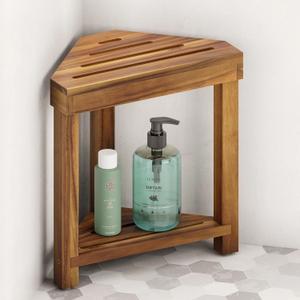 BLUEWEST Shower Foot Rest, Corner Shower Stool, Wooden Shower Foot Stool for Shaving Legs Inside Shower, Waterproof Shower Foot Rest with Storage Shelf for Small Shower Space, Shower Seats and Benches (Acacia)