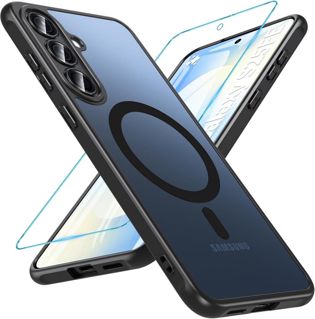 OWKEY for Samsung Galaxy S25 FE Case 6.7'', Magnetic Galaxy S25 FE Case for Magsafe with Tempered Screen Protector [Shockproof Military] Translucent Matte Bumper Phone Cover Samsung S25 FE 5G, Black