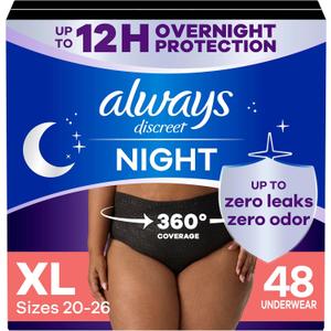 Always Discreet Overnight Adult Incontinence & Postpartum Bladder Leak Underwear for Women, Disposable, XL, 48 Count (3 Packs of 16)