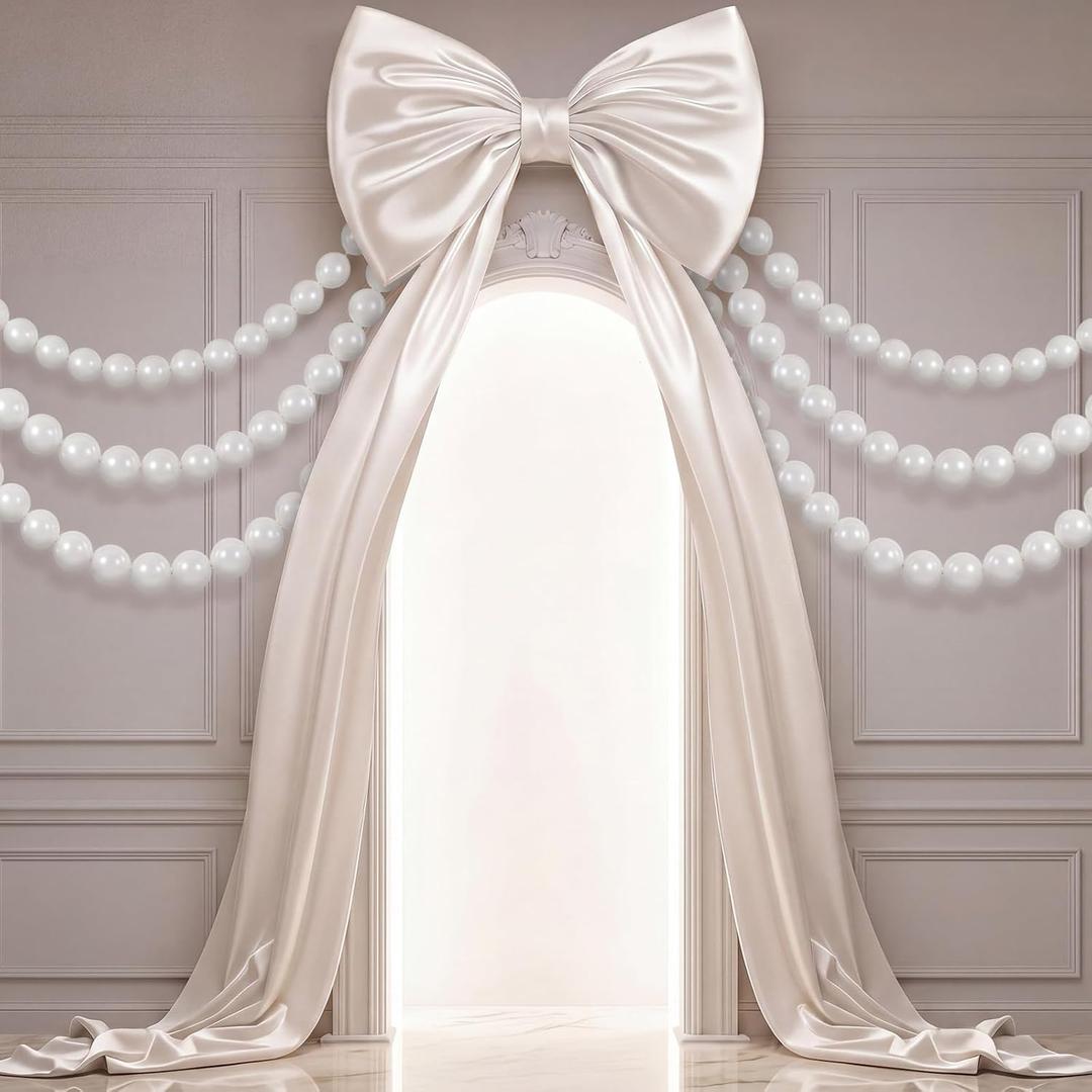 101 Pcs Giant White Satin Bow with Pearl White Linking Balloons Garland Kit Large Wedding Bow 24'' x 60'' for Wedding Bridal Shower Proposal Engagement Baby Shower Birthday Party Decorations