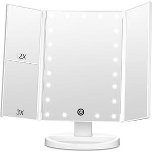 FASCINATE Trifold Vanity Mirror with Lights, Lighted Makeup Mirror 2X/3X Magnification, 21 LED Touch Dimming, Dual Power 180 Rotation Lit Beauty Table Mirror, Make up Mirror with Lighting