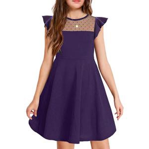 Arshiner Girls Dress Summer Ruffle Sleeve Mesh A Line Casual Party Dresses with Pockets 6-7