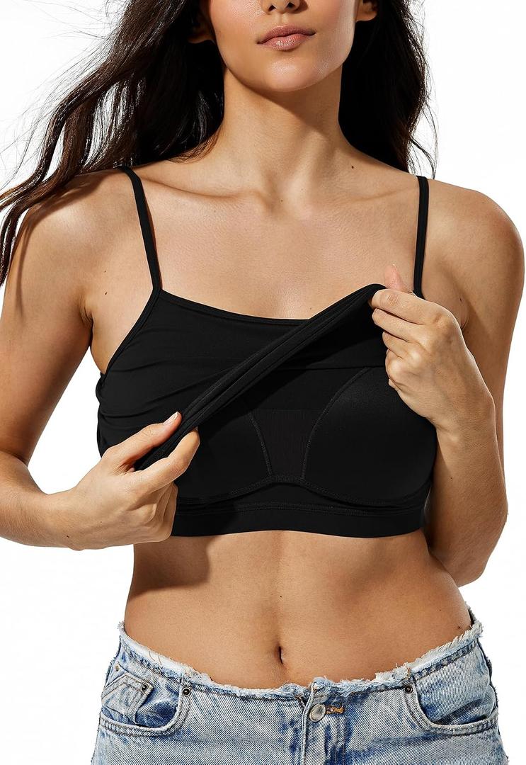 ZeroBound Camisole Built in Shelf Bra Tank Top - Basic Square Neck Halter Tops for Women, Spaghetti Strap Cami Tank Tops (Black)