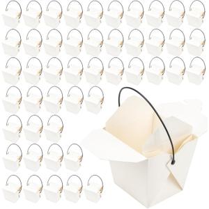 100 Pack 16oz Chinese Take Out Boxes, White Kraft Take Out Box with Handle, Chinese Food Boxes, Chinese Box to Go for Restaurant, Bakery and Party