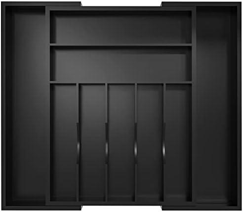 Utensil Organizer Silverware Drawer Organizer - Bamboo Expandable Cutlery Tray with Dividers for Utensil Holder Office Storage Makeup Desk Drawer Tool Organization W13.5"-19.5" x L17.5" x H2.5"(Black)