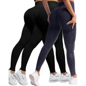 CHRLEISURE Workout Leggings Sets for Women, Gym Scrunch Butt Butt Lifting Seamless Leggings 3 Piece (Black)