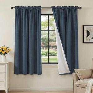 H.VERSAILTEX Linen Look 100% Blackout Curtains 63 Inches Long for Bedroom Full Light Blocking Rod Pocket Linen Textured Thick Window Curtain Drapes with White Backing, Navy, 2 Panels, 52"W x 63"L