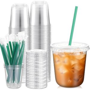 Baderke 50 Sets Clear Plastic Cups with Lids and Straws Disposable Plastic Iced Coffee Cups for Cold Beverage Juice Smoothie Coffee and Party Catering (12 oz)