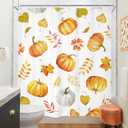 Riyidecor Autumn Fall Shower Curtain 60Wx72H Inch Pumpkin Maple Leaves Farmhouse Rustic Thanksgiving Harvest Orange Farm Plant Botany Bathroom Decor Fabric Polyester Waterproof 12 Pack Hooks